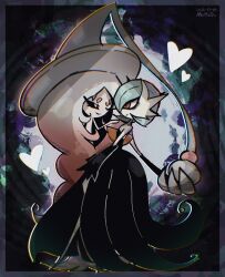  2girls absurdly_long_hair absurdres alternate_color artist_name backless_dress backless_outfit bags_under_eyes bare_shoulders black_dress black_gloves black_sclera bob_cut border chromatic_aberration closed_mouth colored_sclera colored_skin commentary_request dated dress elbow_gloves eye_contact flat_chest from_side full_body gardevoir gloves gradient_hair green_hair grey_hair grey_hat hair_over_one_eye hand_up happy hat hatterene heart highres holding_hands interspecies korean_commentary long_dress long_hair looking_at_another mega_gardevoir mega_pokemon mr_h202 multicolored_hair multiple_girls no_feet one_eye_closed one_eye_covered outside_border parted_bangs pink_hair pokemon pokemon_(creature) prehensile_hair profile red_eyes shiny_pokemon short_hair signature smile standing strapless strapless_dress two-tone_hair very_long_hair white_eyes white_skin witch_hat yuri 