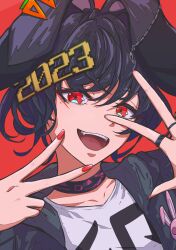  1girl 2023 absurdres animal_ears black_choker black_hair black_jacket choker choppy_bangs commentary_request fake_animal_ears hair_between_eyes hands_up highres jacket karan_koron100 looking_at_viewer mole mole_under_eye open_mouth original portrait rabbit_ears red_background red_eyes shirt short_hair simple_background smile solo v w white_shirt 