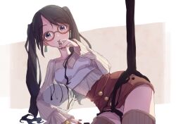  1girl black_hair blue_eyes breasts candy chocolate chocolate_on_body earrings elbow_rest food food_on_body glasses holding holding_candy holding_food idolmaster idolmaster_shiny_colors jewelry long_hair lying miniskirt mitsumine_yuika mozzy0v0y on_side red-framed_eyewear red_nails ribbed_shirt ribbed_socks shirt skirt small_breasts socks solo thigh-highs twintails two-tone_background zettai_ryouiki 