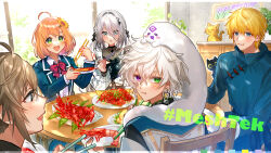  2girls 3boys :o :t absurdres ahoge animal_on_head black_cat black_shirt blue_eyes blue_jacket bow bowtie brown_hair cat chair changpao chest_of_drawers chinese_clothes chopsticks commentary_request earrings ex_albio ex_albio_(3rd_costume) flower green_eyes grey_hair hair_between_eyes hair_flower hair_ornament hanafuda_earrings hashtag heterochromia highres holding holding_chopsticks holding_plate honma_himawari honma_himawari_(1st_costume) indoors jacket japanese_clothes jewelry kanae_(nijisanji) kariginu looking_at_viewer looking_back matochi_(fa) multiple_boys multiple_girls murakumo_kagetsu murakumo_kagetsu_(1st_costume) nijisanji on_head open_mouth orange_hair plate red_bow red_bowtie shirt short_hair shrimp single_earring smile sophia_valentine sophia_valentine_(1st_costume) sunflower sunflower_hair_ornament table upper_body violet_eyes virtual_youtuber white_hair white_shirt window 