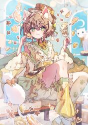  1girl :3 animal_ear_fluff animal_ears asymmetrical_legwear bare_shoulders blush bow bowtie brown_hair brown_hat cat cat_ears cat_girl cat_tail closed_mouth commentary cup detached_sleeves dress drinking_glass feet_out_of_frame food fruit green_eyes hair_between_eyes hat holding holding_cup lemon lemon_slice long_sleeves mismatched_legwear original short_hair shorts single_sock single_thighhigh sitting sleeve_bow sleeveless sleeveless_dress smile socks solo symbol-only_commentary tail thigh-highs tsukumi_bis uneven_legwear watermark white_shorts white_thighhighs wide_sleeves yellow_bow yellow_bowtie yellow_dress yellow_sleeves yellow_socks 