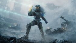  2204design 4boys absurdres armor battle battlefield building cannon city energy_barrier energy_shield full_armor halo_(series) headlight_beam highres master_chief military_jeep military_vehicle motor_vehicle multiple_boys soldier spacecraft tank 