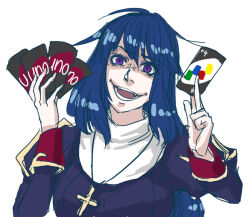  1girl blue_hair breasts card commentary_request cross cross_necklace dress grin holding holding_card jewelry juliet_sleeves long_hair long_sleeves looking_at_viewer medium_breasts necklace open_mouth priest_(ragnarok_online) puffy_sleeves purple_dress ragnarok_online shaded_face simple_background smile solo toriria uno_(game) upper_body violet_eyes white_background 