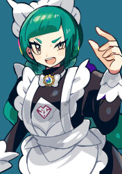  1girl anidler91 apron black_romper blunt_bangs bow bowtie braid braided_ponytail green_hair half-closed_eye highres juliet_sleeves lebanne_(pokemon) long_braid long_hair long_sleeves maid maid_apron maid_headdress mega_stone open_mouth pokemon pokemon_legends:_z-a puffy_sleeves romper solo teeth upper_body upper_teeth_only v-shaped_eyebrows white_bow white_bowtie 