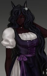  1girl animal_ears aqua_eyes arm_at_side arm_behind_head black_choker black_hair bodice choker closed_mouth commentary corioko cross-laced_clothes dark-skinned_female dark_skin dirndl dress english_commentary expressionless eyelashes facing_viewer flower friesian_horse_girl german_clothes grey_background hair_flower hair_ornament hair_over_one_eye half-closed_eyes highres horse_ears horse_girl long_hair looking_down narrowed_eyes one_eye_covered original pendant_choker personification puffy_short_sleeves puffy_sleeves purple_ribbon ribbon short_sleeves simple_background solo umamusume upper_body very_dark_skin very_long_hair waist_ribbon wavy_hair white_dress white_flower 