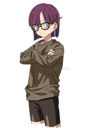  1girl bike_shorts black_shorts blue_eyes blunt_bangs blunt_ends chrono_trigger cowboy_shot crossed_arms glasses grey_shirt hosodayo long_sleeves lucca_ashtear parted_bangs pencil_behind_ear purple_hair shirt short_hair shorts solo toriyama_akira_(style) twitter_username white_background 