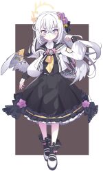  1girl absurdres azusa_(blue_archive) black_dress blue_archive closed_mouth dress expressionless feathered_wings flower frilled_dress frills full_body hair_flower hair_ornament halo highres long_hair long_sleeves looking_at_viewer panatisia puffy_long_sleeves puffy_sleeves school_uniform solo standing violet_eyes white_hair white_wings wings yellow_halo 