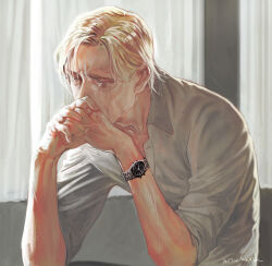  1boy blonde_hair closed_eyes collared_shirt crying ctkcave curtains dappled_sunlight indoors male_focus mature_male medium_hair original own_hands_together parted_hair shirt sitting solo sunlight teardrop watch watch white_shirt 