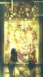  2girls ^_^ absurdres akemi_homura black_hair black_hairband black_pantyhose black_skirt chinese_commentary closed_eyes commentary_request commission feet_out_of_frame floating_hair from_behind hairband happy highres indoors juliet_sleeves kaname_madoka kokaiff leaning_forward light_particles long_hair long_sleeves mahou_shoujo_madoka_magica mahou_shoujo_madoka_magica_(anime) making-of_available miniskirt mitakihara_school_uniform morning multiple_girls open_mouth pantyhose pink_hair pleated_skirt pointy_nose puffy_sleeves railing sample_watermark school_uniform shirt short_hair short_twintails skirt smile standing straight_hair thank_you thigh-highs tree twintails very_long_hair watermark white_thighhighs wind window yellow_shirt 