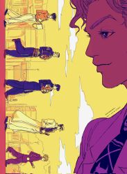  1girl 6+boys arnold_(jojo) baby_carry blue_gakuran blue_pants blue_shirt book carrying clouds coat commentary corrupted_twitter_file diamond_wa_kudakenai gakuran green_gakuran green_pants hashtag-only_commentary hat higashikata_josuke highres hirose_koichi holding holding_book holding_sketchbook jojo_no_kimyou_na_bouken kira_yoshikage kishibe_rohan kujo_jotaro limited_palette multiple_boys nijimura_okuyasu open_clothes open_coat pants peaked_cap pompadour santamanymany school_uniform shirt shizuka_joestar sketchbook skull_print stand_(jojo) stray_cat_(jojo) sugimoto_reimi sunglasses twitter_username white_coat white_pants 