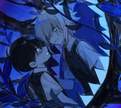  2boys basil_(faraway)_(omori) basil_(omori) black_hair black_sweater_vest blonde_hair blue_eyes clenched_teeth collared_shirt commentary_request crying crying_with_eyes_open eye_contact face-to-face glowing glowing_eyes green_sweater_vest looking_at_another male_focus masyu_bimitalya multiple_boys official_alternate_eye_color omori parted_lips profile shirt short_hair short_sleeves something_(omori) spoilers sunny_(omori) sweat sweater_vest tears teeth upper_body white_eyes white_shirt 