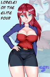  absurdres blue_eyes breasts ghostpoisonart glasses hand_on_own_hip highres huge_breasts jacket large_breasts lipstick lorelei_(pokemon) makeup mature_female pokemon pokemon_(anime) pokemon_(classic_anime) red_hair skirt thighs 