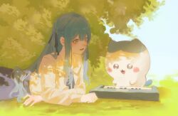  1girl absurdres bang_dream! bang_dream!_it&#039;s_mygo!!!!! blue_hair blue_ribbon chiikawa commentary dappled_sunlight geosmichi77 hachiware_(chiikawa) hair_ribbon highres instrument keyboard_(instrument) long_hair long_sleeves lying on_stomach open_mouth outdoors ribbon shirt sidelocks sunlight togawa_sakiko white_shirt yellow_eyes 