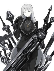  1girl angelica_(project_moon) axe black_jacket black_pants black_sweater blue_eyes chain chain_necklace closed_mouth cowboy_shot gauntlets greatsword highres holding holding_weapon jacket jewelry lance library_of_ruina long_hair long_sleeves looking_at_viewer mace necklace pants polearm project_moon rai_(r2718281) ribbed_sweater ring ring_necklace simple_background solo sweater sword turtleneck turtleneck_sweater very_long_hair weapon white_background white_hair 