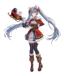  1girl android animal_ear_hairband animal_ears artist_request bear bear_ear_hairband bear_ears black_thighhighs blue_eyes blush boots breasts brown_boots brown_corset capelet christmas christmas_present clothing_cutout commentary_request corset dress english_commentary fake_animal_ears floating_hair full_body fur-trimmed_dress fur_trim gift grey_hair hair_ribbon hairband heterochromia high_heel_boots high_heels highres kara_(king&#039;s_raid) king&#039;s_raid knees_together_feet_apart korean_commentary layered_dress long_hair mixed-language_commentary official_alternate_costume official_art red_capelet red_dress red_ribbon ribbon robot_ears santa_costume santa_dress second-party_source shoulder_cutout sleigh small_breasts socks solo sweater sweater_dress symbol-shaped_pupils teddy_bear_ornament thigh-highs turtleneck turtleneck_sweater twintails very_long_hair white_dress white_fur white_socks yellow_eyes zettai_ryouiki 
