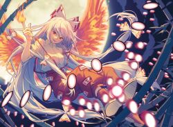  1girl bamboo boots bow breasts collared_shirt commentary_request danmaku fiery_wings fire fujiwara_no_mokou full_moon glowing glowing_eyes grey_hair hair_bow highres large_bow long_hair looking_at_viewer minuo moon multiple_hair_bows night ofuda ofuda_on_clothes open_mouth outdoors pants pyrokinesis red_boots red_eyes red_pants shirt smile suspenders touhou very_long_hair white_bow white_shirt wings 