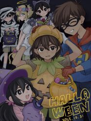  +_+ 2025 2girls 4boys :3 :d ^_^ aged_down animal_ear_hairband animal_ears animal_hands ankle_socks arms_up aubrey_(faraway)_(omori) aubrey_(omori) bandaged_head bandages bare_arms basil_(faraway)_(omori) basil_(omori) black_background black_eyes black_hair black_mask blonde_hair blue_flower blue_pants blue_rose blue_shirt blurry bright_pupils brother_and_sister brothers brown_hair brown_shoes brown_shorts candy cape cat_ear_hairband cat_ears child chocolate chocolate_bar closed_eyes closed_mouth collared_shirt cowboy_shot dark-skinned_male dark_skin dated denim depth_of_field double-parted_bangs eye_mask facial_mark facing_another fake_animal_ears fake_halo film_grain flower flower_wreath food food-themed_hat full_body gloves green_pants grin hair_behind_ear hair_between_eyes hair_ornament hair_scrunchie hairband halloween halloween_bucket halloween_costume halo hat hatching_(texture) head_wreath hero_(faraway)_(omori) hero_(omori) highres holding holding_stuffed_toy jeans kel_(faraway)_(omori) kel_(omori) leaf long_hair long_sleeves looking_at_viewer low_twintails mari_(faraway)_(omori) mari_(omori) mask mr._plantegg_(omori) multiple_boys multiple_girls mummy_costume neckerchief official_alternate_costume omori open_mouth orange_hat pants parted_lips pink_flower pink_scrunchie pink_shirt pumpkin_costume purple_flower purple_hat purple_sweater_vest red_cape red_gloves red_neckerchief rose scrunchie sebon_(sebochin) shaded_face shirt shoes short_hair short_sleeves shorts siblings sidelocks simple_background smile socks something_(omori) standing star_(symbol) star_print stuffed_eggplant stuffed_toy sunny_(omori) superhero_costume sweater_vest teeth tongue twintails upper_body upper_teeth_only very_short_hair whisker_markings white_gloves white_pupils white_shirt white_socks witch_hat wrapped_candy yellow_halo 