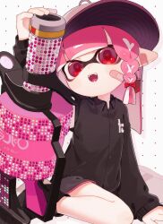  .96_gal_(splatoon) 1girl bandaid bandaid_on_cheek bandaid_on_face baseball_cap black_shirt black_shorts collared_shirt commentary dolphin_shorts hat highres inkling inkling_girl inkling_player_character long_hair looking_at_viewer open_mouth pink_hair pink_trim pointy_ears red_eyes red_pupils sabata_saba shirt shorts sitting smile solo splatoon_(series) splatoon_3 symbol-only_commentary tentacle_hair 