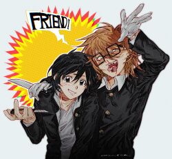  2boys arm_up black_eyes black_hair black_jacket blood boxcutter english_text gakuran glasses gloves grey_background hashtag-only_commentary highres holding holding_boxcutter holding_knife jacket knife looking_at_viewer male_focus multiple_boys nosebleed open_clothes open_jacket orange_hair randal&#039;s_friends randal_ivory school_uniform sharp_teeth short_hair soulsk teeth tongue tongue_out tsukada_satoru upper_body 