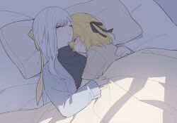  2girls anisphia_wynn_palettia black_ribbon black_shirt blonde_hair blush closed_eyes commentary cuddling euphyllia_magenta grey_shirt hair_ribbon highres long_hair medium_hair multiple_girls parted_lips pillow ribbon shirt shiyoi sleeping tensei_oujo_to_tensai_reijou_no_mahou_kakumei under_covers white_hair yellow_ribbon yuri 