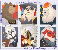  6+boys animal_ears artist_name ball banyue_(zenless_zone_zero) bear bear_boy bear_ears ben_bigger big_daddy_(zenless_zone_zero) boar_boy boar_ears book cake can claws english_commentary english_text fang food furry furry_male hard_hat helmet highres holding holding_ball holding_book holding_cake holding_can holding_food looking_at_viewer male_focus mishka_(zenless_zone_zero) multiple_boys notice_lines open_mouth pan_yinhu panda_boy panda_ears pig_nose polar_bear robot_boy round_eyewear smile sparkle sunglasses treefurry tusks von_lycaon white_fur wok wolf_boy wolf_ears zenless_zone_zero 