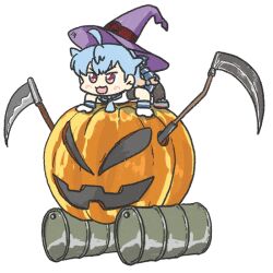  1girl ahoge all_fours drum_(container) ferret-san gloves hair_flaps hat jack-o&#039;-lantern kantai_collection long_hair pumpkin purple_hat red_eyes sado_(kancolle) scythe simple_background smile solo white_background white_gloves witch_hat 