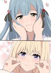  2girls absurdres anger_vein bang_dream! bang_dream!_it&#039;s_mygo!!!!! black_ribbon blonde_hair blue_hair blush cheek_pinching commentary english_commentary female_pov hair_ribbon hands_on_another&#039;s_face heart highres long_hair looking_at_another looking_at_viewer medium_hair misumi_uika multiple_girls pinching pov ribbon rienz togawa_sakiko two_side_up violet_eyes white_background yellow_eyes yuri 