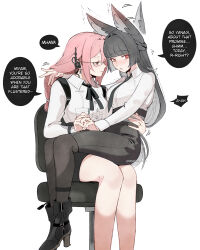  2girls absurdres afterimage animal_ear_fluff animal_ears averting_eyes black_hair black_necktie black_pantyhose black_shoes black_skirt blush breasts chair commentary dailymiyanagi ear_blush ear_wiggle earpiece earrings english_commentary feet_out_of_frame fox_ears fox_girl glasses gold_ring half-closed_eyes hand_on_another&#039;s_waist high-waist_skirt highres holding_hands hoshimi_miyabi hourglass_earrings jewelry large_breasts long_hair looking_at_another medium_breasts motion_lines multiple_girls necktie office_chair on_chair pantyhose parted_lips pencil_skirt pink_eyes pink_hair red_eyes ring shirt shirt_tucked_in shoes simple_background sitting sitting_on_lap sitting_on_person skirt speech_bubble sweatdrop swivel_chair tsukishiro_yanagi twitching white_background white_shirt yuri zenless_zone_zero 