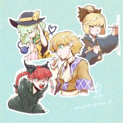  5girls animal_ears black_hat blonde_hair braid cat_ears commentary_request extra_ears finger_to_mouth green_background green_eyes green_hair hair_bun hammer hat hat_ribbon heart heart_of_string holding holding_hammer kaenbyou_rin komeiji_koishi komeiji_satori kurodani_yamame long_hair long_sleeves medium_hair menotama mizuhashi_parsee multiple_girls nail_(hardware) open_mouth outline pointy_ears puffy_sleeves red_eyes red_hair ribbon shaded_face short_hair side_braids signature simple_background third_eye touhou twin_braids upper_body white_outline yellow_ribbon 