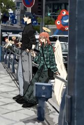 1girl 3boys against_railing androgynous angel_devil_(chainsaw_man) angel_wings bag black_bag black_hair black_pants black_shoes black_sweater blonde_hair can casual chainsaw_man city collared_shirt demon_girl demon_horns denji_(chainsaw_man) food full_body green_shirt grey_pants hair_between_eyes halo hand_in_pocket hayakawa_aki highres holding holding_can holding_food holding_ice_cream horns ice_cream ice_cream_bar long_hair male_focus multiple_boys open_mouth outdoors pants plaid_clothes plaid_shirt ponytail power_(chainsaw_man) railing red_hair red_horns shirt shoes short_hair short_ponytail shoulder_bag sweater takeuchi_ryousuke watch watch white_shirt white_wings wings 