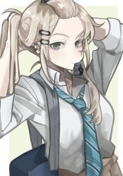  1girl absurdres blue_necktie commentary diagonal-striped_clothes diagonal-striped_necktie ear_piercing girls_band_cry grey_eyes grey_hair hair_tie_in_mouth highres kawaragi_momoka long_hair mouth_hold multicolored_hair necktie piercing roots_(hair) school_uniform shirt sidelocks solo striped_clothes symbol-only_commentary takao_(88499191) tying_hair upper_body white_shirt 