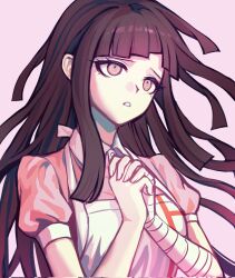  1girl apron bandaged_arm bandaged_hand bandages brown_eyes brown_hair cyacyacyacyaki danganronpa_(series) danganronpa_2:_goodbye_despair highres long_hair own_hands_clasped own_hands_together parted_lips pink_shirt puffy_short_sleeves puffy_sleeves shirt short_sleeves solo teeth tsumiki_mikan upper_body white_apron 