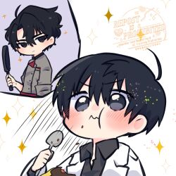  2boys ahoge black_eyes black_hair black_shirt blush cake chibi chibi_only coat collared_shirt curtained_hair eating english_text expressionless food food_on_face frying_pan furrowed_brow grey_shirt hair_between_eyes height_difference highres holding holding_frying_pan holding_spoon kim_dokja kimidori_22 looking_at_viewer male_focus motion_lines multiple_boys omniscient_reader&#039;s_viewpoint open_clothes open_coat shirt short_hair sparkle spoon upper_body white_coat yoo_joonghyuk 