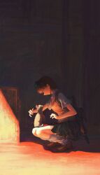  1girl absurdres assault_rifle black_hair black_skirt bob_cut brown_shoes brown_vest cat collared_shirt eyewear_on_head feitu233 full_body gun highres in_shadow looking_at_animal misaka_imouto outstretched_hand rifle shadow shirt shoes short_hair skirt socks solo squatting toaru_kagaku_no_railgun toaru_majutsu_no_index vest weapon white_shirt white_socks wide-eyed 