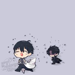  2boys ahoge anger_vein black_coat black_hair black_shirt chibi chibi_only closed_eyes coat collared_shirt commentary crying curtained_hair facing_viewer full_body highres kim_dokja kimidori_22 male_focus motion_lines multiple_boys omniscient_reader&#039;s_viewpoint open_clothes open_coat popped_collar running shirt short_hair symbol-only_commentary white_coat yoo_joonghyuk 