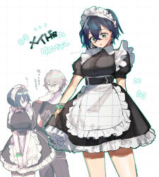  1boy 1girl alternate_costume apron belle_(zenless_zone_zero) black_dress blue_hair blush breasts brother_and_sister commentary_request cosplay dress earrings ellen_joe ellen_joe_(cosplay) enmaided frilled_apron frilled_dress frills green_eyes grey_hair grid_background hair_between_eyes jewelry maid maid_apron maid_headdress medium_breasts multiple_views short_hair short_sleeves siblings tatumin13 translation_request white_apron wise_(zenless_zone_zero) zenless_zone_zero 