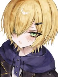  0zz_uu 1boy black_jacket blonde_hair blue_hood blush drawstring from_above green_eyes hair_ornament hair_over_one_eye hairclip highres hood hood_down hoodie jacket looking_at_viewer male_focus nijisanji no_headwear open_clothes open_jacket open_mouth portrait short_hair simple_background solo sweatdrop uzuki_kou uzuki_kou_(5th_costume) virtual_youtuber white_background white_hoodie wolf_cut 