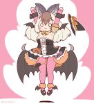  1girl alternate_costume animal_ears bat_ears bat_girl bat_wings brown_hair brown_long-eared_bat_(kemono_friends) coroha elbow_gloves extra_ears full_body gloves grey_hair halloween_costume hat jumping kemono_friends kemono_friends_3 kemono_friends_v_project leotard long_hair looking_at_viewer microphone pantyhose shoes simple_background skirt solo virtual_youtuber wings 