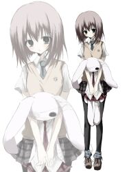  1girl black_pantyhose blush brown_hair brown_shoes checkered_clothes checkered_skirt full_body fzrlq green_necktie grey_eyes grey_skirt hair_between_eyes hair_ornament hairclip highres holding holding_stuffed_toy looking_at_viewer mamiya_hasaki necktie pantyhose parted_lips pleated_skirt shirt shoes short_hair short_sleeves simple_background skirt solo standing stuffed_animal stuffed_toy subarashiki_hibi sweater_vest white_background white_shirt wing_collar yellow_sweater_vest zoom_layer 