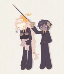  2girls black_necktie black_pants blonde_hair braid brown_eyes brown_hair cane collared_shirt dark-skinned_female dark_skin full_body gear_hair_ornament highres holding holding_cane limbus_company long_hair multiple_girls necktie original outis_(project_moon) pants project_moon shirt sidelocks simple_background t_corp._(identity)_(project_moon) very_long_hair white_background yellow_shirt yesheng_zong_ren 