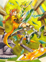  2girls arm_up black_eyes blonde_hair book bookshelf bracelet braid brown_eyes brown_hair checkered_floor closed_mouth coattails commentary_request creature disc eighth_note floating glint gloves green_gloves green_leotard green_shoes green_shorts green_socks green_sweater green_thighhighs hair_ornament headphones holding indoors jacket jewelry kneehighs leotard long_hair looking_at_another multiple_girls musical_note musical_note_hair_ornament on_stool one_eye_closed open_clothes open_jacket open_mouth original peter_salt shoes shorts single_braid sitting smile socks stool striped_clothes striped_socks striped_thighhighs sweater tailcoat thigh-highs turtleneck turtleneck_sweater vertical-striped_clothes vertical-striped_thighhighs yellow_jacket 