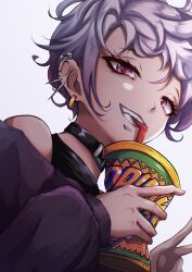  1girl absurdres bare_shoulders choker cup disposable_cup drinking drinking_straw ear_piercing earrings grey_hair grin highres holding holding_cup jewelry karan_koron100 looking_at_viewer original piercing pink_eyes purple_shirt shirt short_hair simple_background smile solo upper_body white_background 