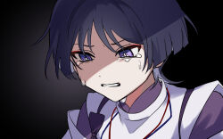  1boy blunt_ends bow bright_pupils clenched_teeth crying crying_with_eyes_open eyeliner eyeshadow genshin_impact japanese_clothes kariginu kimono layered_sleeves looking_down makeup male_focus monochrome_background portrait purple_bow purple_kimono purple_sleeves red_eyeliner red_eyeshadow scaramouche_(genshin_impact) scaramouche_(kabukimono)_(genshin_impact) solo string tasuki tears teeth tsurime violet_eyes wamin white_pupils white_sleeves wispy_bangs 