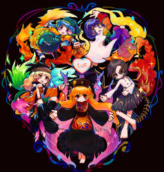  +_+ 5girls @_@ absurdres amadare_rak apron arm_ribbon asymmetrical_wings barefoot belt between_fingers black_background black_belt black_boots black_dress black_hair black_hat black_sandals black_skirt blonde_hair blue_dress blue_hair blush_stickers boots bow brown_mask buttons chinese_clothes cloak closed_mouth colored_inner_hair commentary_request constellation_print crescent crescent_print dalachi_(headdress) detached_sleeves diamond_button dress empty_eyes energy eye_mask fire flower flying full_body green_apron green_belt green_bow green_dress green_hairband green_headscarf green_skirt hair_between_eyes hairband half_eye_mask hands_up haniyasushin_keiki hat headscarf heart highres holding holding_tool index_finger_raised iwanaga_ariya jewelry junko_(touhou) leaf leg_ribbon long_hair long_sleeves looking_at_viewer magatama magatama_necklace mandarin_collar mask matara_okina multicolored_dress multicolored_hair multicolored_hairband multiple_girls neck_ribbon necklace open_mouth orange_dress orange_hair orange_hairband orange_sleeves orange_tabard patchwork_clothes phoenix_print pink_dress pink_flower pink_hair pink_hairband pocket pom_pom_(clothes) puffy_long_sleeves puffy_short_sleeves puffy_sleeves purple_dress purple_hair purple_hairband rainbow_order red_dress red_eyes red_hairband red_tabard ribbon sandals shirt short_hair short_sleeves simple_background skeletal_wings skirt smile sparkle stage_connection standing standing_on_one_leg star_(symbol) tabard tassel tenkyuu_chimata touhou turtleneck turtleneck_dress violet_eyes wavy_hair white_cloak white_shirt wide_sleeves wings wood_carving_tool yellow_dress yellow_eyes yellow_hairband yellow_ribbon 