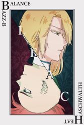  1046sstep_btoh 2boys bazz-b bleach bleach:_sennen_kessen-hen blonde_hair card_(medium) commentary_request expressionless green_eyes highres jugram_haschwalth male_focus mohawk multiple_boys red_hair rotational_symmetry 