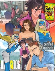  2boys 2girls anger_vein animal_head ass bat_boy black_dress black_hair black_pants black_shirt blonde_blazer blonde_hair blue_gloves blue_leotard blue_mask blue_shirt brown_eyes brown_hair cape closed_mouth collared_shirt commentary copyright_name crossed_arms derkdrew124 dispatch dress english_commentary english_text facial_hair gloves hand_on_own_face invisigal jacket leotard long_hair mask multiple_boys multiple_girls navel one_eye_closed pants pantyhose pink_jacket robert_robertson shirt short_hair signature sleeves_rolled_up sonar_(dispatch) stomach strapless strapless_dress superhero_costume sweat sweatdrop white_pantyhose yellow_cape 