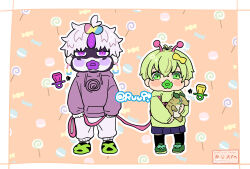  1boy 1girl alien antennae black_thighhighs blush blush_stickers candy chibi chibi_only climaxmukr commentary_request dandadan enjoji_jin evil_eye_(dandadan) food full_body green_eyes green_hair green_hoodie green_shoes grey_hair highres holding hood hoodie long_sleeves looking_at_viewer miniskirt pacifier pants possessed purple_hoodie shoes short_hair skirt standing straight-on thigh-highs third_eye vamola_(dandadan) violet_eyes 