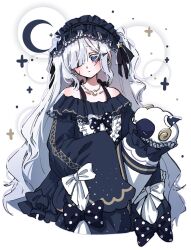  1girl bare_shoulders black_bow blue_dress blue_hairband bow closed_mouth crescent crescent_necklace dress frilled_dress frills gothic_lolita grey_hair hair_over_one_eye hairband highres holding holding_pillow jewelry kimburgertwo lolita_fashion lolita_hairband long_hair long_sleeves looking_at_viewer mahou_shoujo_no_majo_saiban natsume_an-an necklace one_side_up pillow polka_dot polka_dot_bow simple_background sleeves_past_fingers sleeves_past_wrists solo stuffed_animal stuffed_sheep stuffed_toy violet_eyes 
