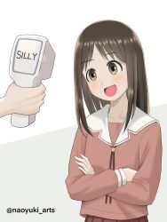  1girl 1other :d artist_name azumanga_daioh azumanga_daioh's_school_uniform blush brown_eyes brown_hair cat_detector_(meme) collarbone commentary crossed_arms disembodied_hand english_commentary english_text grey_background head_tilt highres holding holding_thermometer infrared_thermometer kasuga_ayumu light_blush long_sleeves looking_at_object medium_hair meme naoyuki_arts neck_ribbon nose_bubble open_mouth parted_bangs pink_ribbon pink_serafuku pink_shirt pink_skirt pleated_skirt pov pov_hands ribbon sailor_collar school_uniform serafuku shirt sick skirt smile snot solo_focus thermometer twitter_username two-tone_background upper_body white_background white_sailor_collar winter_uniform 