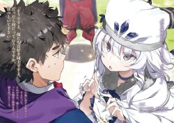  1boy 1girl 1other ascot black_hair blue_nails blue_robe blurry blurry_background buta_koushaku choker cloak closed_mouth collared_shirt face-to-face hands_up hat highres hood hood_down hooded_robe jitome long_sleeves motion_lines multicolored_hair nail_polish nauribon novel_illustration official_art open_hands open_mouth outdoors pants purple_choker purple_hood red_ascot red_pants robe school_uniform shirt short_hair slow_denning standing suzu_(buta_koushaku) sweat thick_eyebrows third-party_source translation_request triangle_mouth two-tone_hair upper_body violet_eyes white_cloak white_hair white_hat white_shirt 